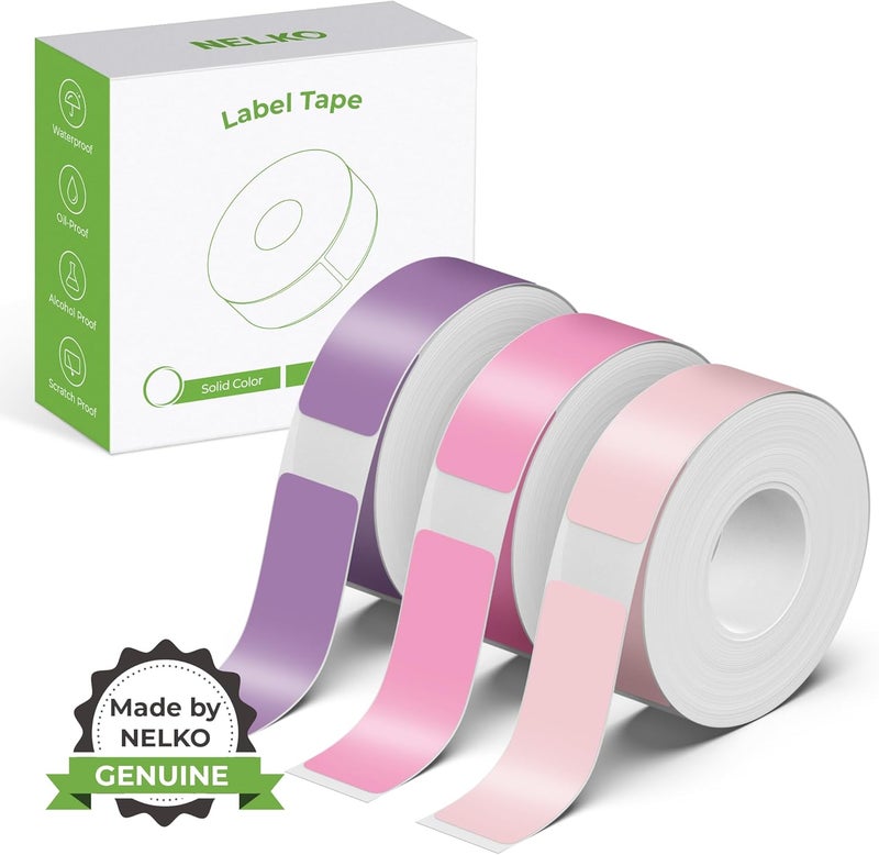 Nelko Genuine P21 Label Maker Tape, Adapted Label Print Paper, 14x40mm (0.55"x1.57"), Standard Laminated Office Labeling Tape Replacement, Multipurpose of P21, 180 Tapes/Roll, 3-Roll, Purple/Rose/Pink - Image 1